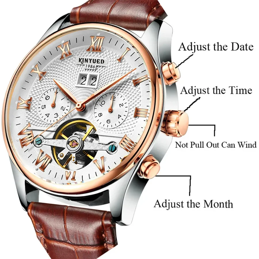 KINYUED Mens Watches Luxury Original Brand Men Skeleton Tourbillon Mechanical Automatic Watch for Man Waterproof Bracelet