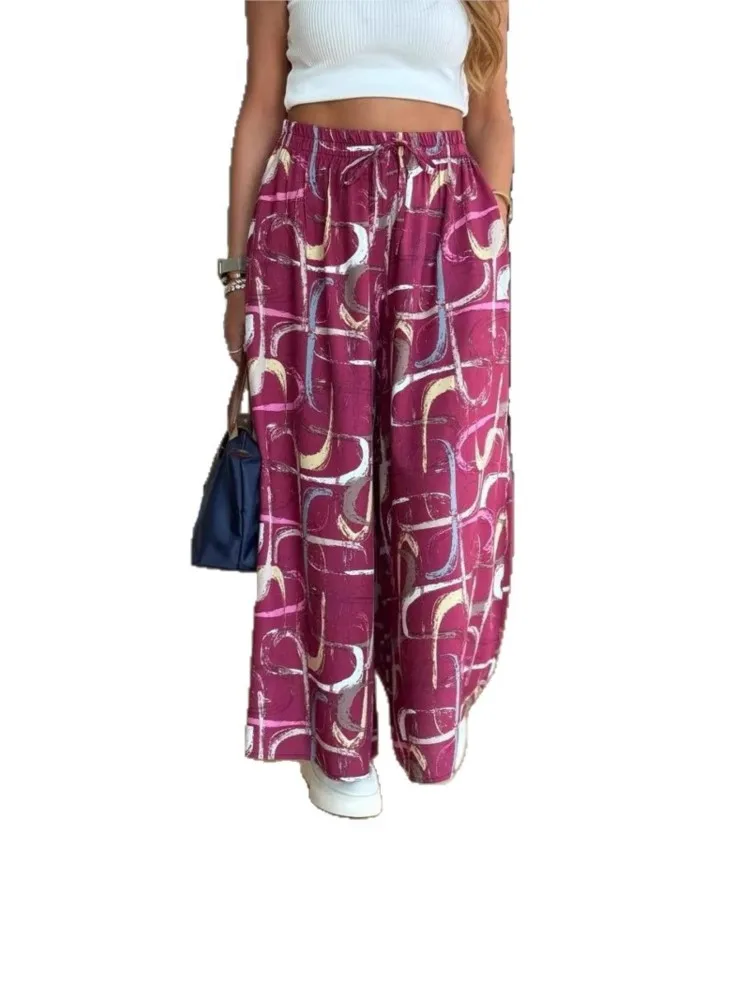 New Summer Casual Women's Trousers Fashion Loose Print Elegant Holiday Casual Pant Office Sports Beach Wide-leg Pants 2025