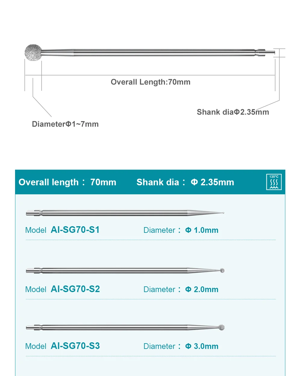 AI-SG70 Dental-Bohrer aus Wolframstahl, Durchmesser 2,35 mm, Gesamtlänge 70 mm, für Implantat-Chirurgie-Winkelstück der SG-Serie, gerades Handstück – Detail 3