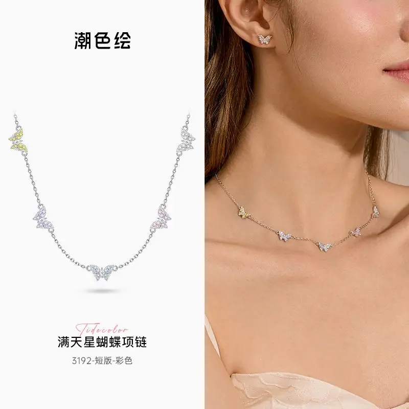 

Tide Painted Gypsy Butterfly Necklace, 925 Sterling Silver Short Collarbone Chain Girls Birthday Gifts