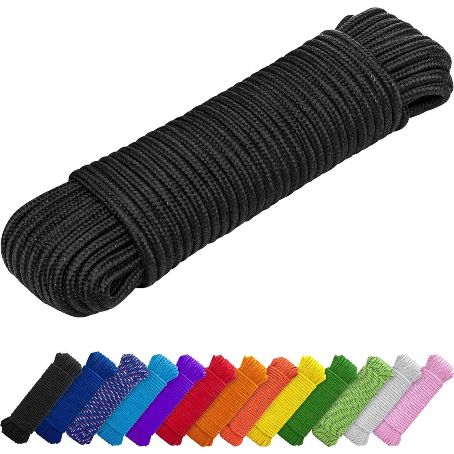 

Utility Rope 1/4" & 3/8" 90 FT | 150 FT Polypropylene Diamond Braided Cord for Camping Crafting Flag Pole Indoor Outdoor Black