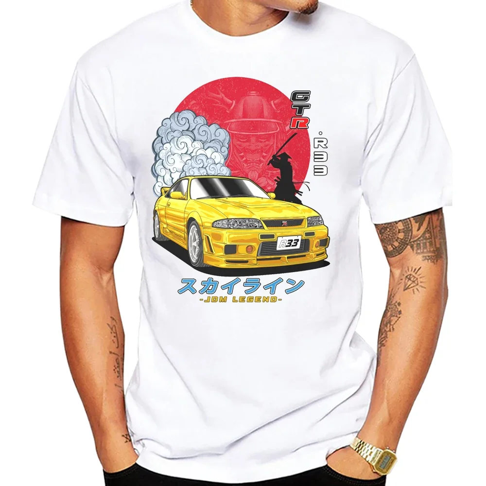 

JDM Skyline GT-R R33 And Warrior Art T-Shirt Summer Men Short Sleeve Hip Hop Boy Casual Tops Japan Classic Sport Car White Tees