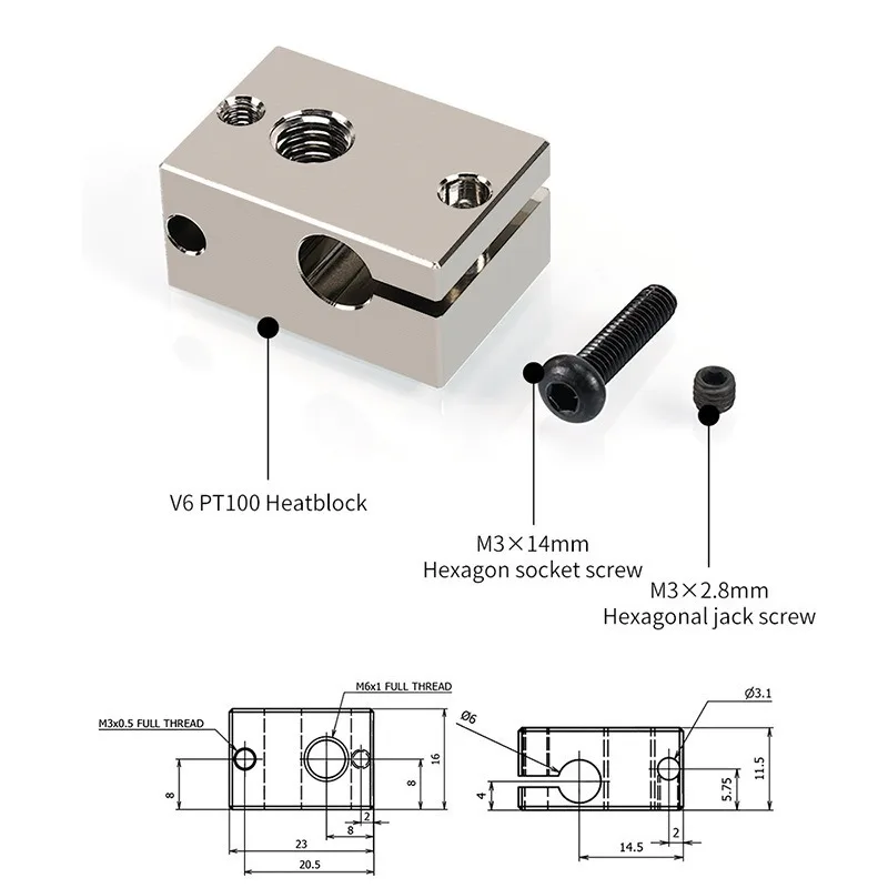 3D Printer V6 Hotend Heater Block PT100 Thermistor Support Aluminum/Brass/Copper Plated Extruder Heating Block Parts