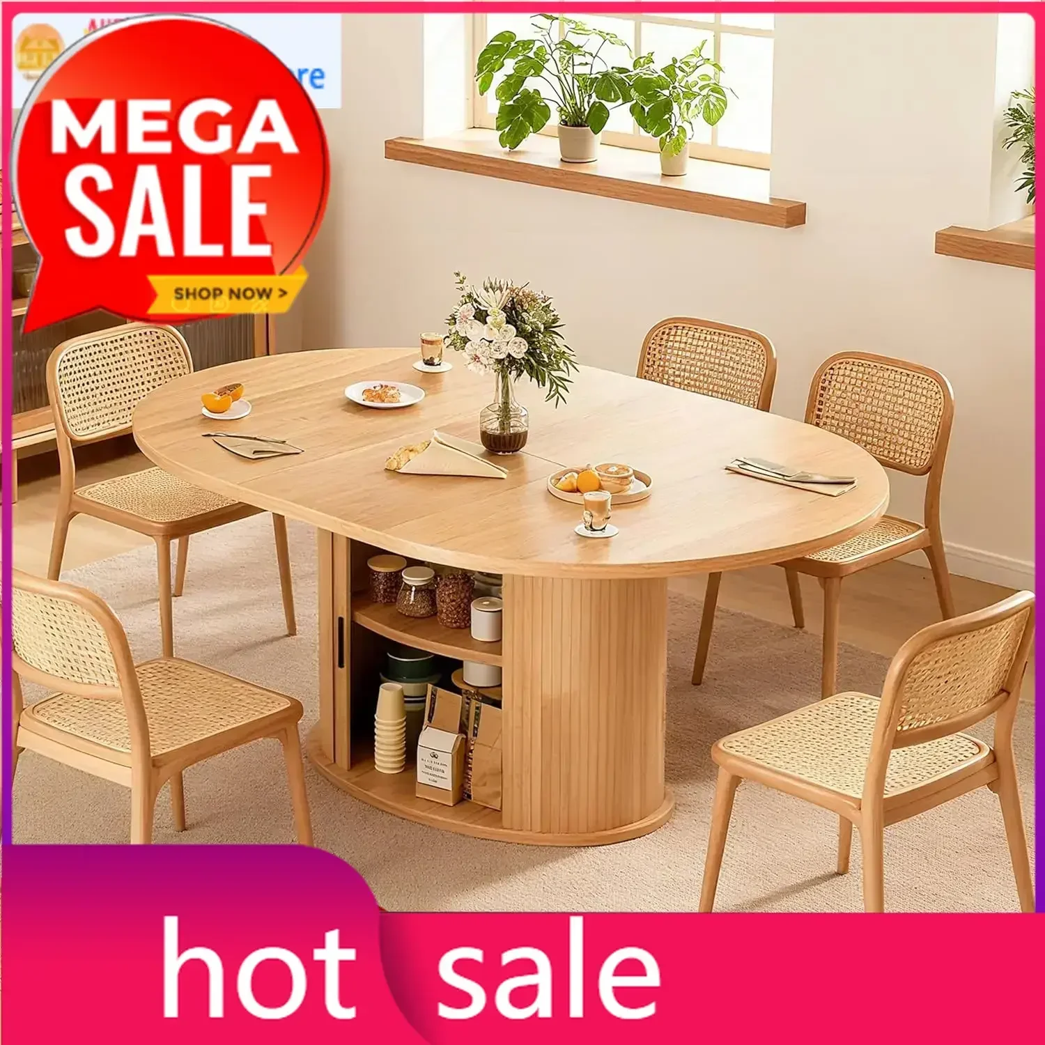 Oak Oval Round Extendable Dining Table Seats Two Four Six Tier Storage Slide Door Kitchen Dining Room Furniture