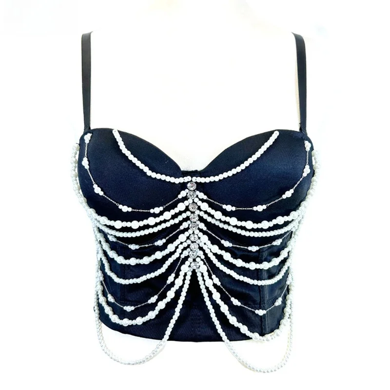 

Sweet Cool Luxury Pearl Chain Fringe Fibone Slimming Crop Top Outerwear Beaded Vest High-End Sensation Cross-Border