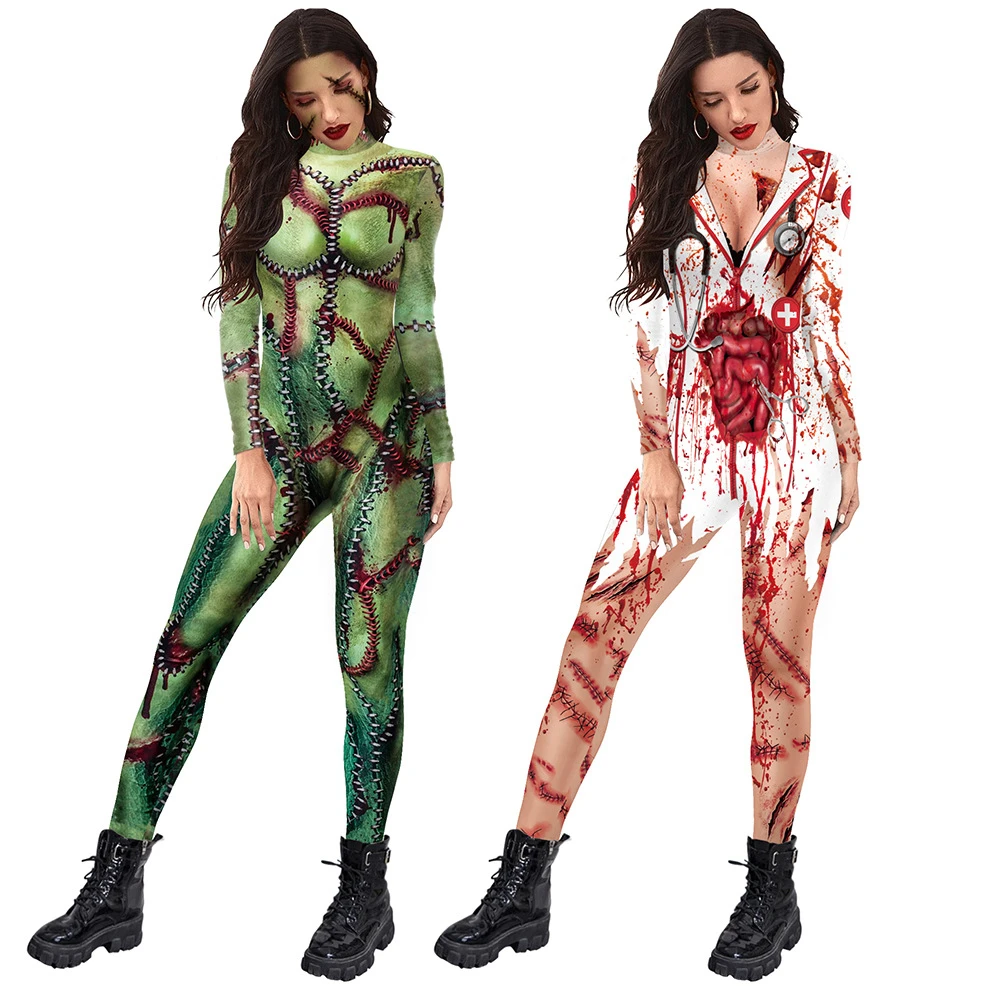 Zombie Vreselijke Bloedverpleegster Uniform Cosplay Jumpsuit Unisex Zentai Kous Party Carnaval Maskerade Bodysuit Halloween Outfits