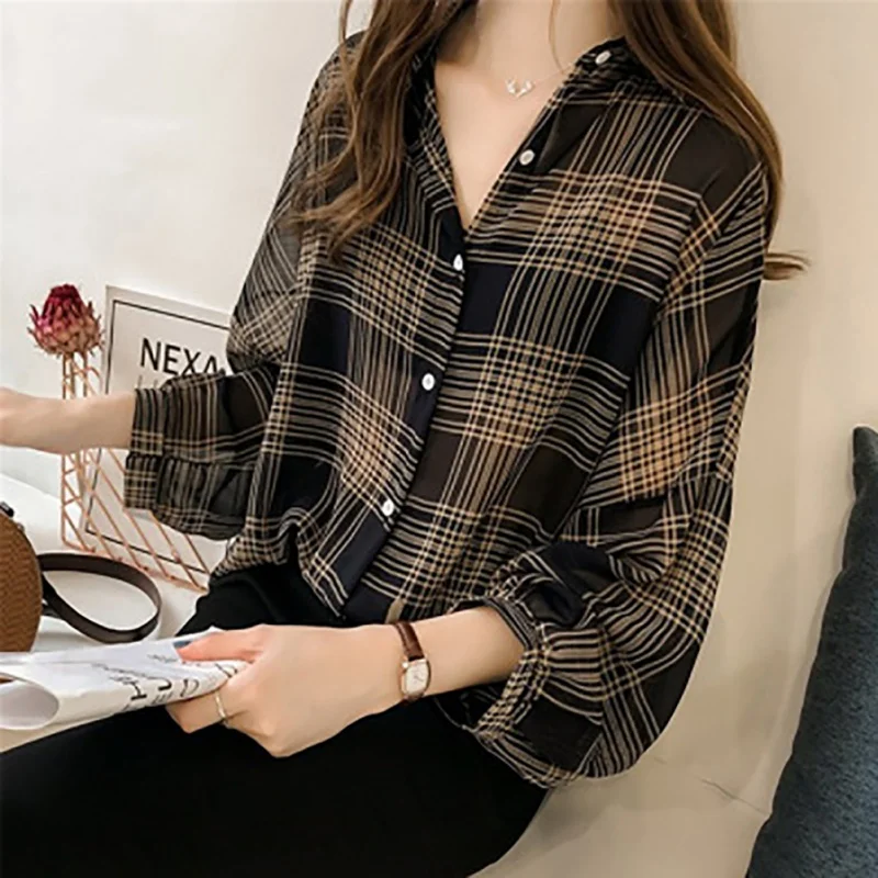 Ladies Lapel Striped Plaid Button Down Shirt Top Single Row Button Lantern Sleeve Thin Casual Shirt Blouse Jacket