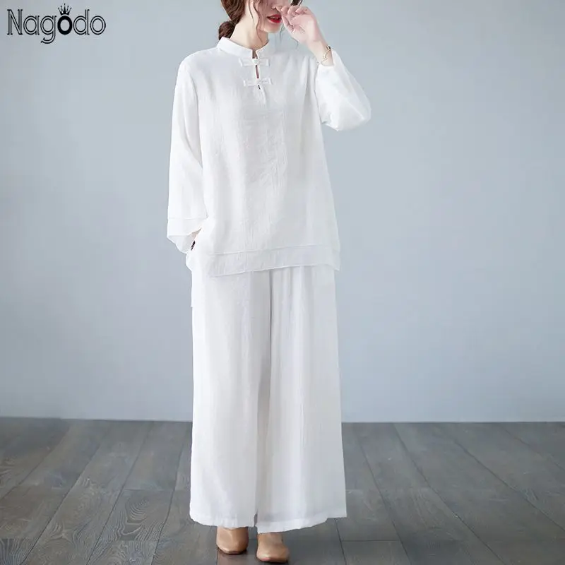 

Summer Women's Cotton and Linen Stand-up Collar Long-sleeved Top Wide-leg Pants Two-piece Solid Color Set Tea Clothing