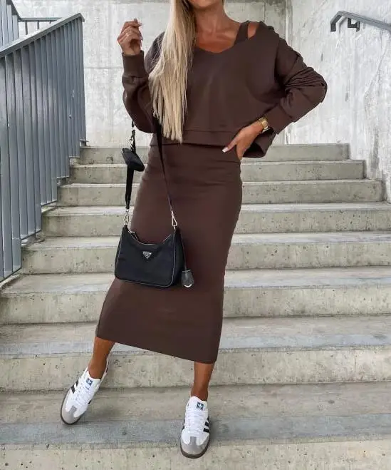 Elegant Commuting Two Pieces Set for Women Autumn 2023 New Casual Fashion Daily Solid Color Sleeveless Dress&hooded Sweater Set