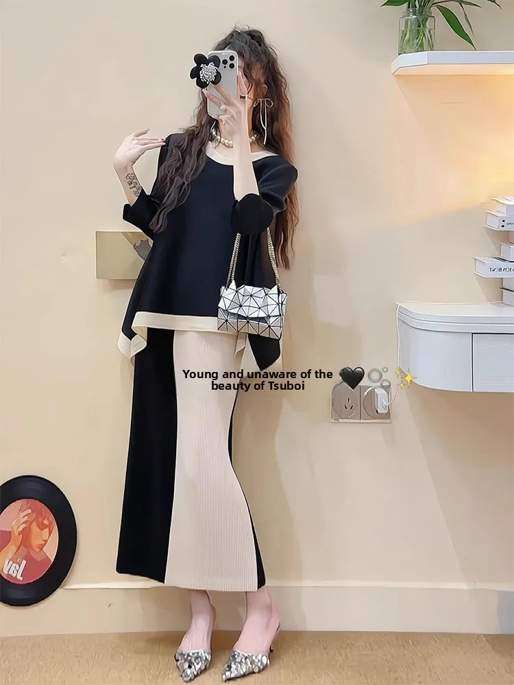 

Свободный комплект из топа с рукавом три четверти и юбки для женщин: модный летний наряд из креповой ткани с круглым вырезом и коротким рукавом