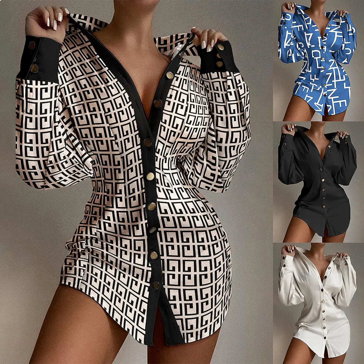 Modische Bedruckte Bluse mit Knopfdetail Tunika-Oberteil Frühling Sommer Damen Hemden Blusen