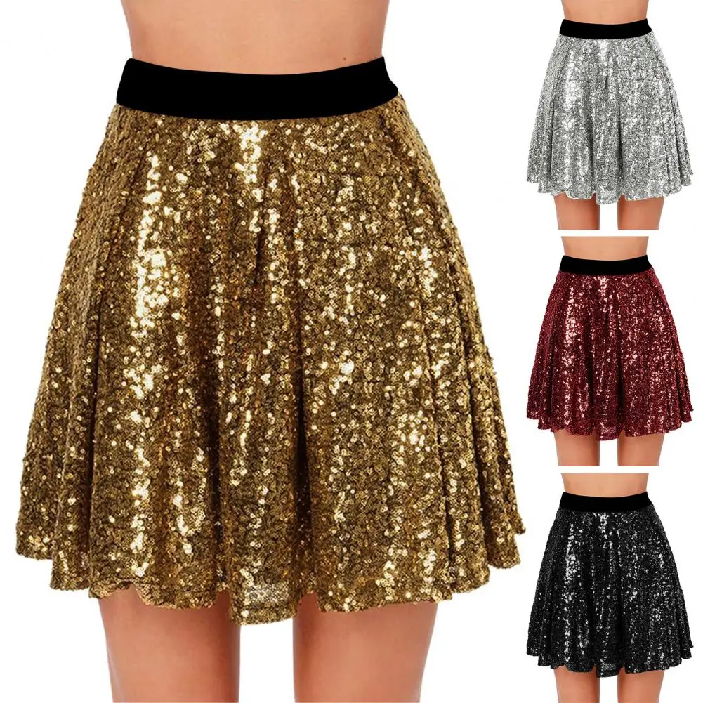 

Women Gold Sequin Pleated Skirt Summer Ladies Dance Party Short Skirt Glitter Loose Belly Dance Night Club Performance Skirt