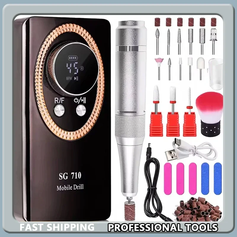 Perceuse à ongles électrique Portable, 45000 tr/min, coupe-manucure Rechargeable avec écran LCD, lime à ongles pour acrylique