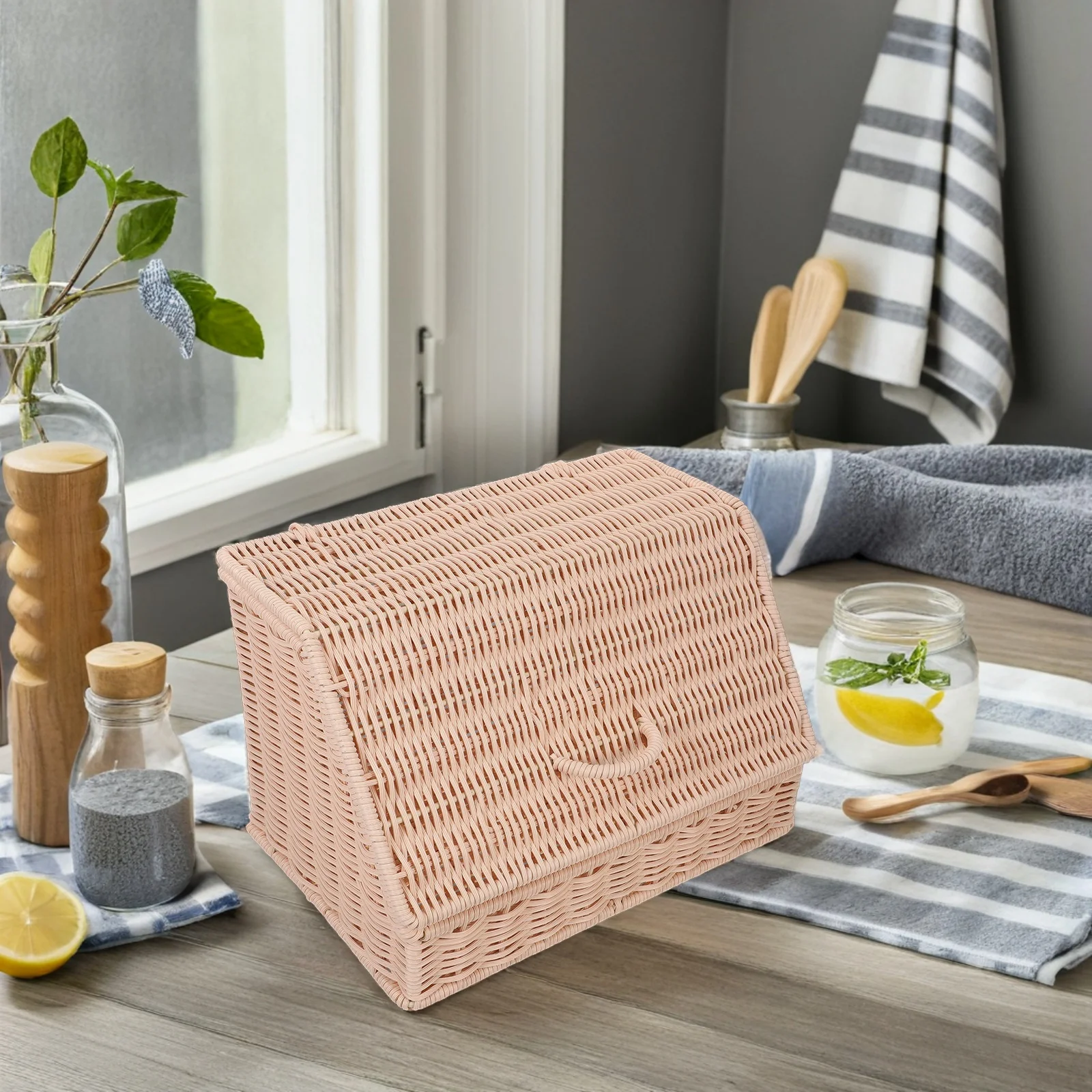 

Snack Storage Box Rattan Woven Bread Basket with Lid Natural Food Container Kitchen Countertop Party Use Lightweight