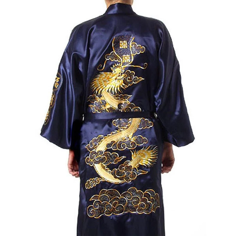 Men Robe V Neck Kimono Sleepwear Nightgown Embroidered Dragon Robe Cardigan Bathrobe Home Clothes Lounge Loose Sleep Dress