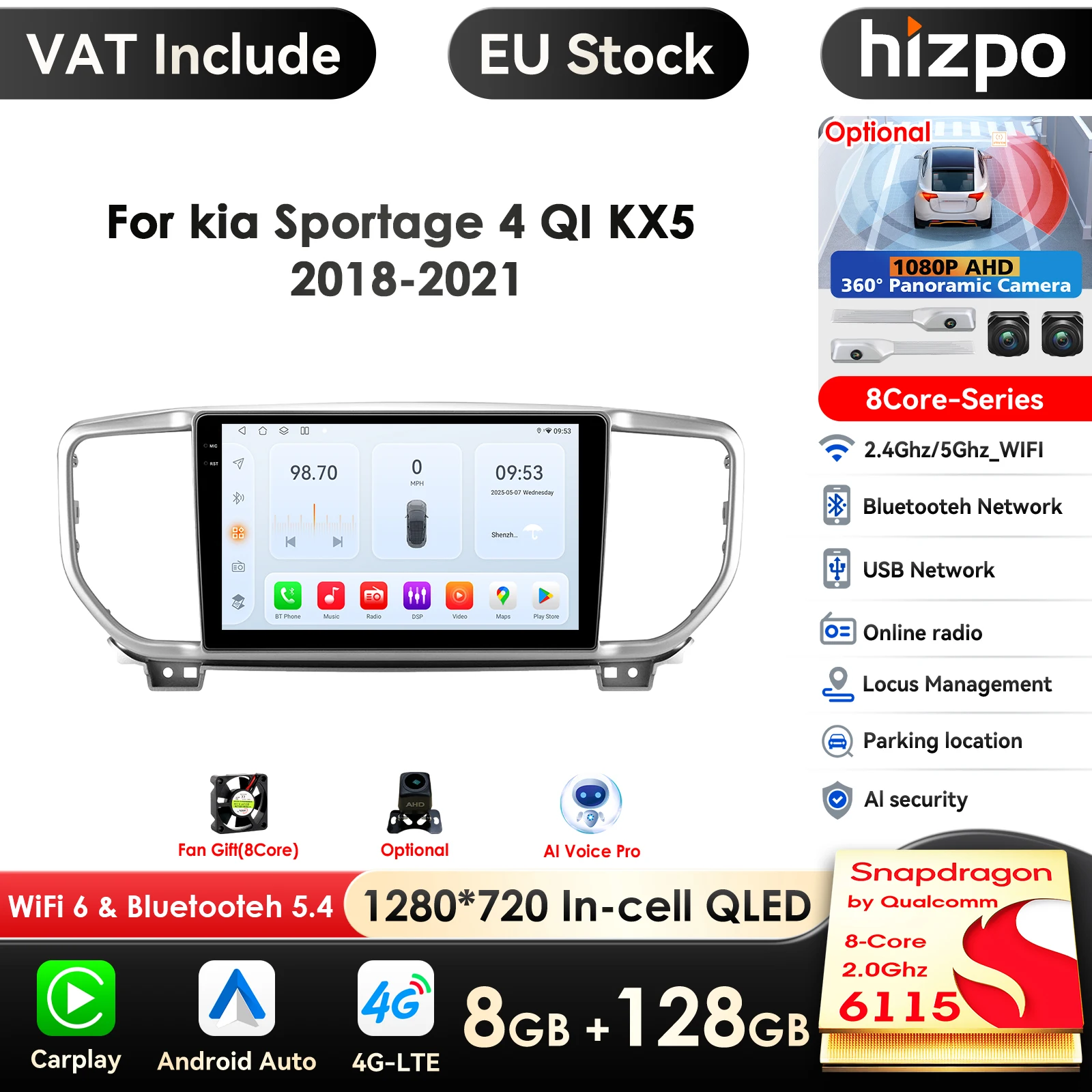 Carplay 4G 9 "2Din Android autoradio lettore Video multimediale per KIA Sportage 4 2016 2017 2018 2019 2020 2021 QI KX5 GPS Stereo