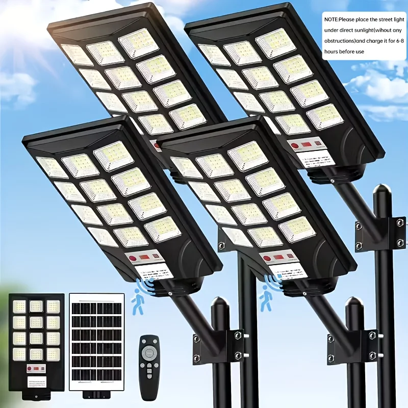 

4 Packs/2 Packs of Solar Street Lights Outdoor 400 LED Lamp Beads, 6500K Waterproof Sensor Solar Flood Light with Remote Control, Commercial Area Parking Lot Night Lighting, Dim to Dawn