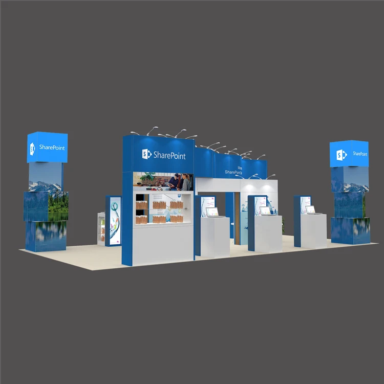 Grande cabina espositiva da 6x12 m con contatori espositivi per fiera