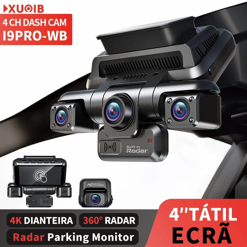 XUOIB i9pro-WB de 4 canais e 360° Câmara de bordo 4K e ecrã tátil de 4 polegadas, modo de estacionamento 24 horas, Wi-Fi, GPS, gravador de vídeo para automóvel DVR e 8 sensores de infravermelhos para visão noturna