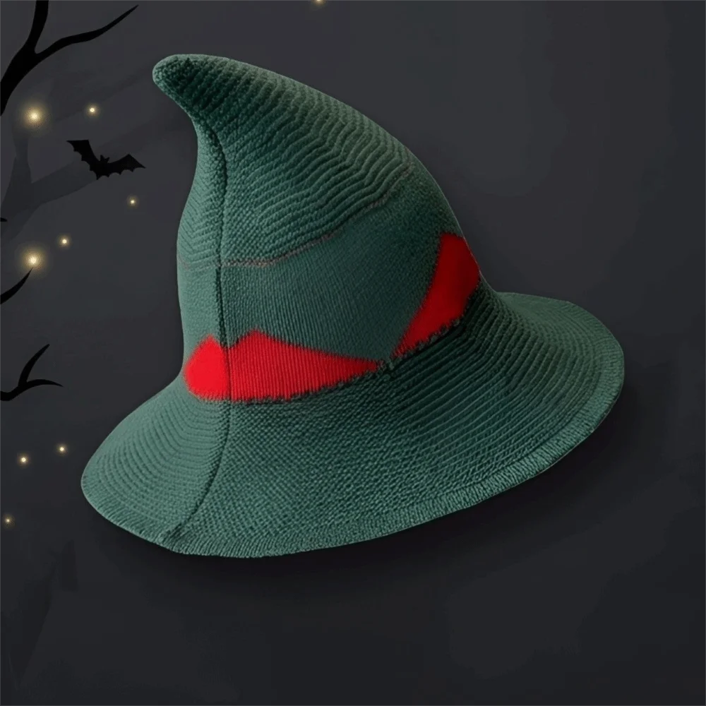 Funny Wide Edges Witch Hat Color Blocked Spire Knitted Wizard Cap Breathable Foldable Halloween Hat Photography Prop