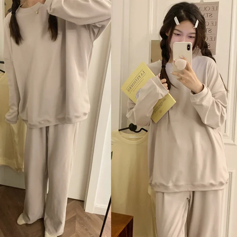 Homewear Long Sleeve Pajamas Set Leisure Girls Sleepwear 2Pcs Nightwear for Women Soild Casual Students Long Loose Waist Pant