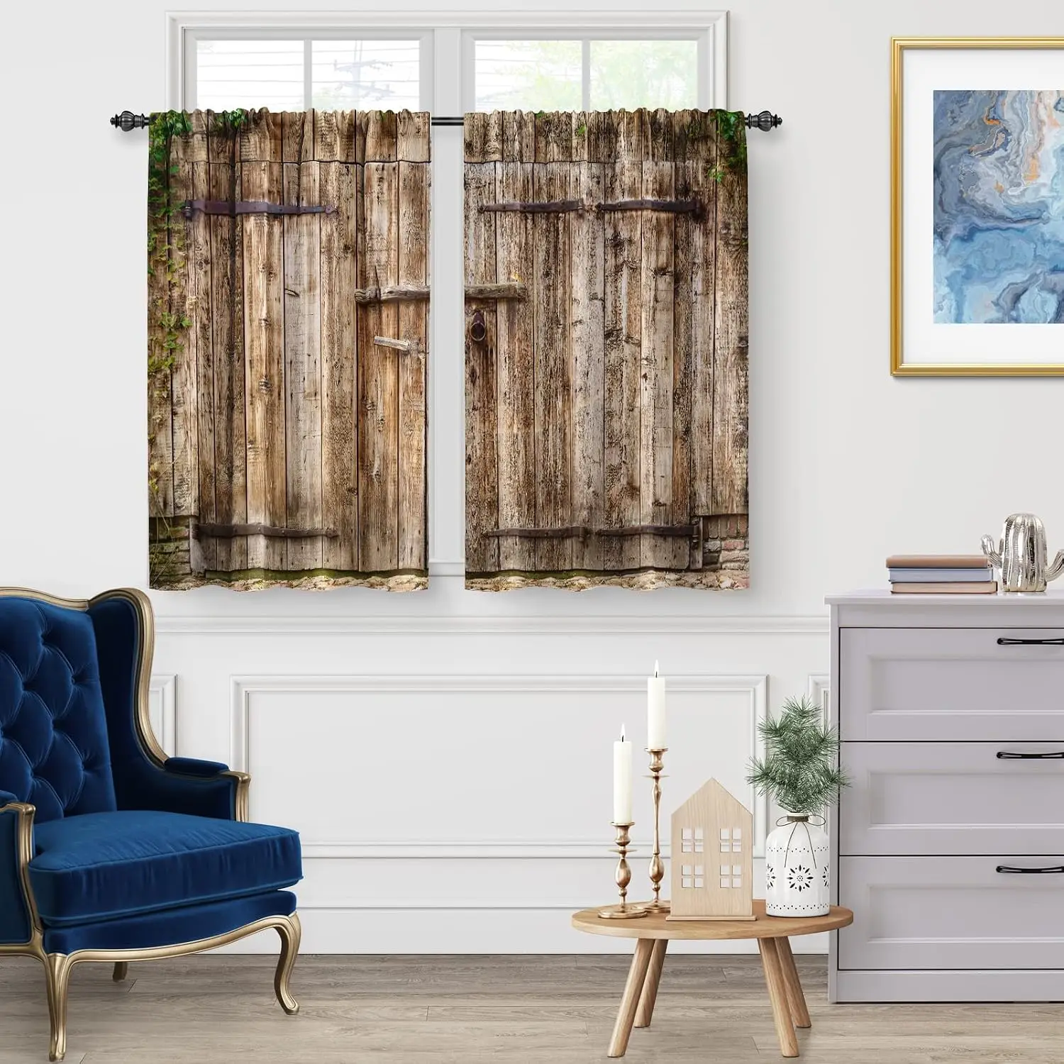 Premium Rustic Farmhouse Barn Door Window Curtains Boho Weathered Wood Distress Greenery Polyester Window Treatments Pair