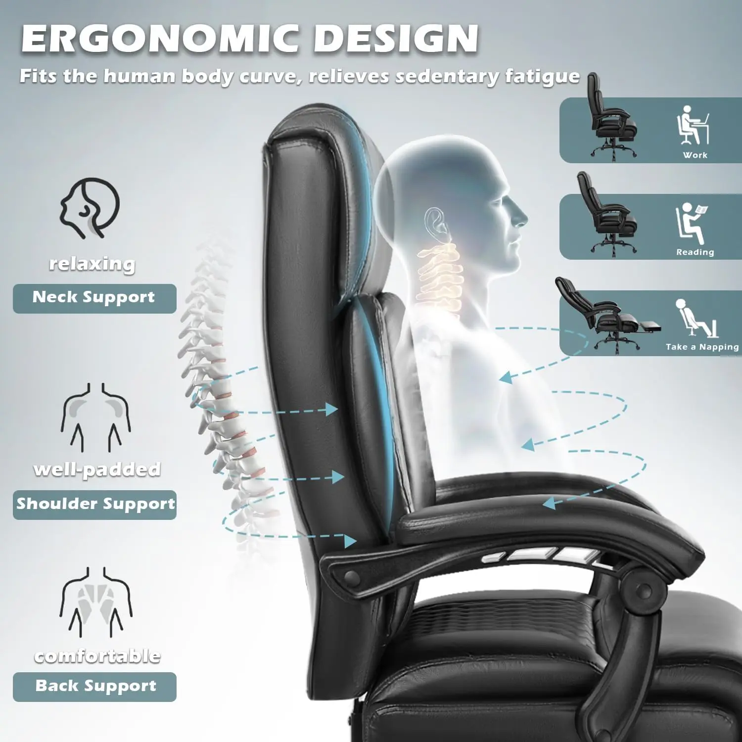كرسي مكتب تنفيذي كبير وطويل مع مسند للقدمين، 400 رطل، كرسي جلدي مريح باللون الأسود