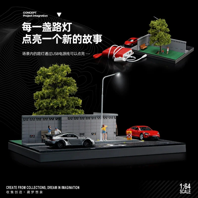 1:64 Scale Simulation Road Street Fence Wall Tree Parking Lot Diorama Light Version Garage for Cars Model Display Decor