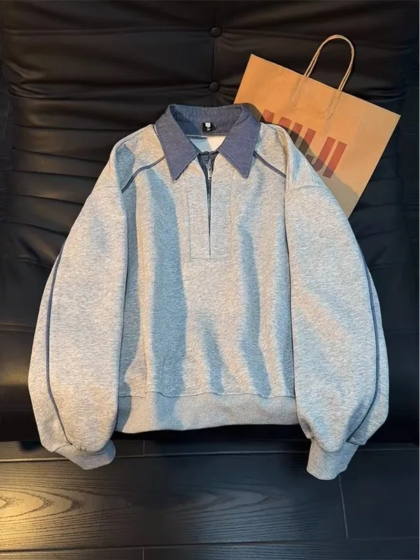 

American Sle Men's Hoodie irt Collar Jaet Spring Casual Loose Base Layer Top Trendy Zipper Sweatirt Spring Autumn