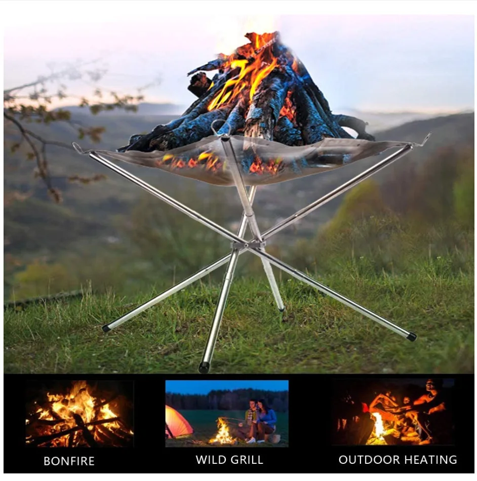 Portable Collapsible Steel Mesh Outdoor Fire Pit Fire Stand Stove Shelf for Wood Heater Backyard Garden Camping Supplies