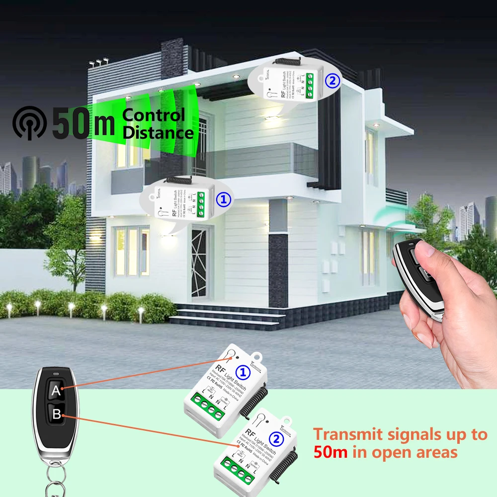 433MHz Universal Remote Control Light Switch AC 110V 220V Mini Relay Receiver Transmit 50m for Lamp/Fan/Home Appliance