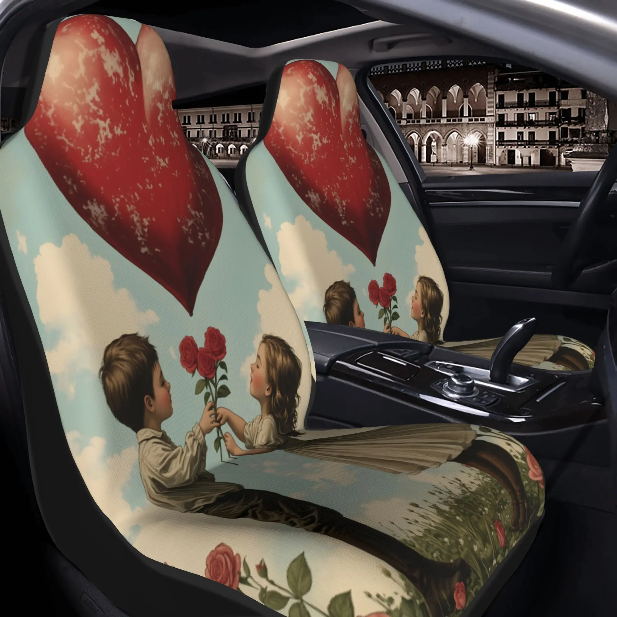 2pcs A Boy And Girl Sharing Roses Under A Heart-Shaped Balloon In A Flower FieldCar Seat Covers, Suitable For All Vehicles, Chri