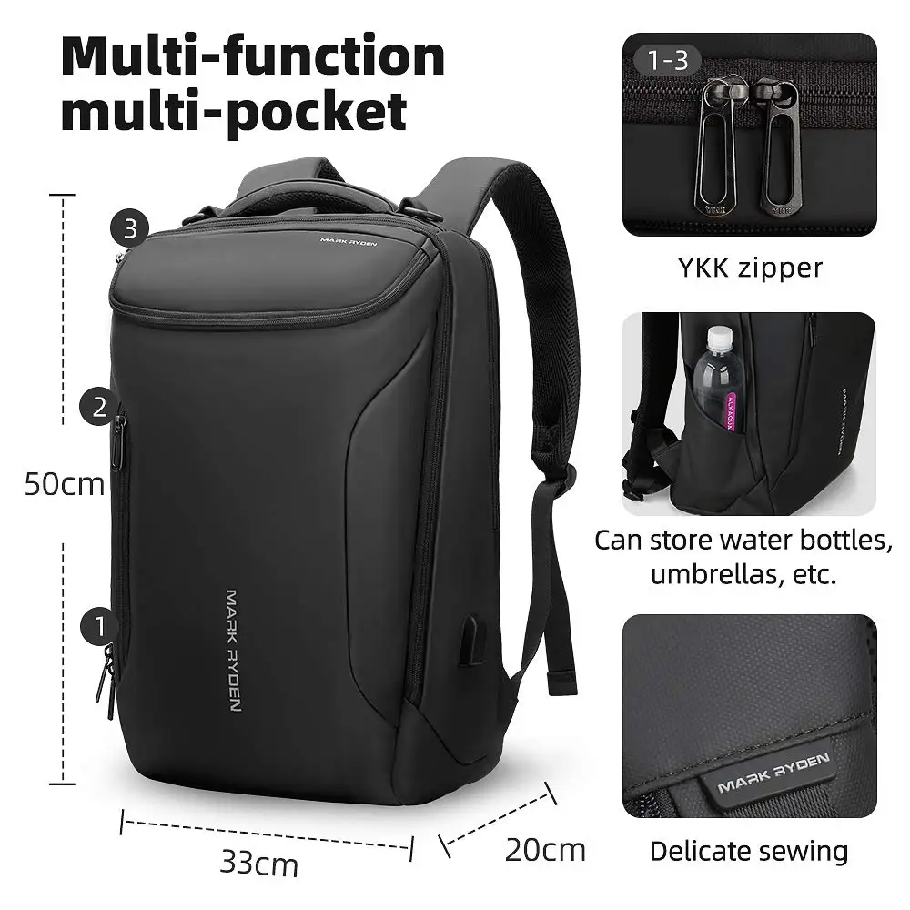 Mochila De Negocios, bolsa impermeable para viaje de vuelo, se adapta a computadora portátil de 17,3 pulgadas con enchufe de carga USB