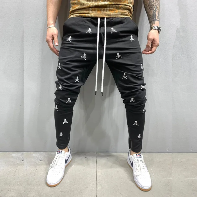 

Men's New Jogging Tactical Black Pants Harajuku Skull Embroidery Skinny Casual Trousers Man Hip Hop Feet Zip Up Track Pants 바지