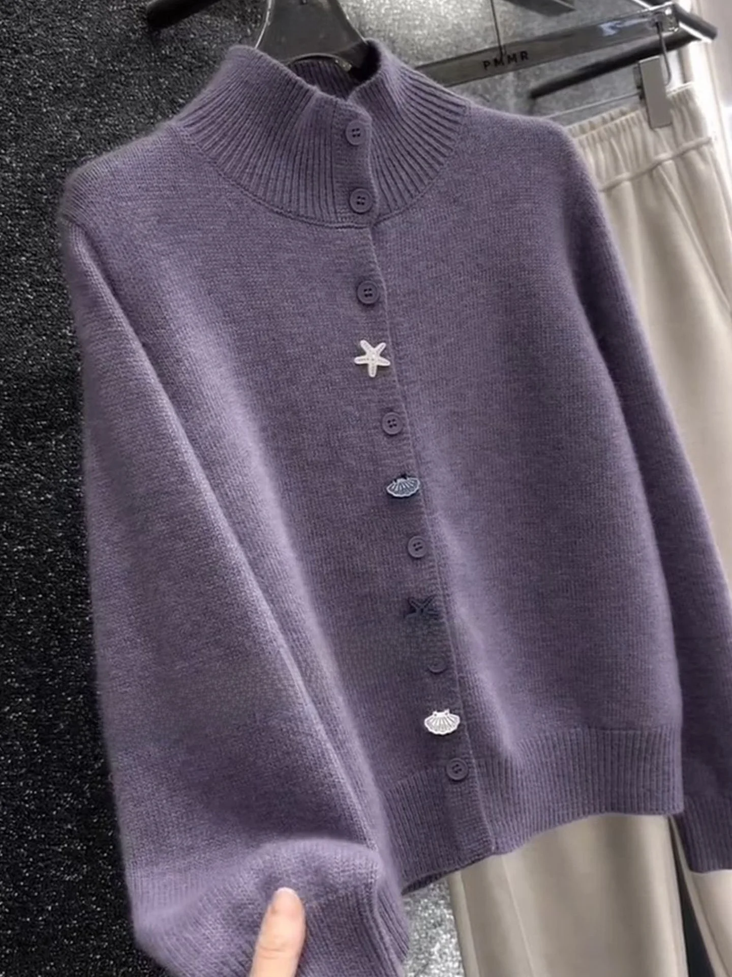 

Gentle Wind Anti-Aging Women's Faion Set High Collar Purple Sweater Coat Spring Inner Wear Layering Single Button Cardigan