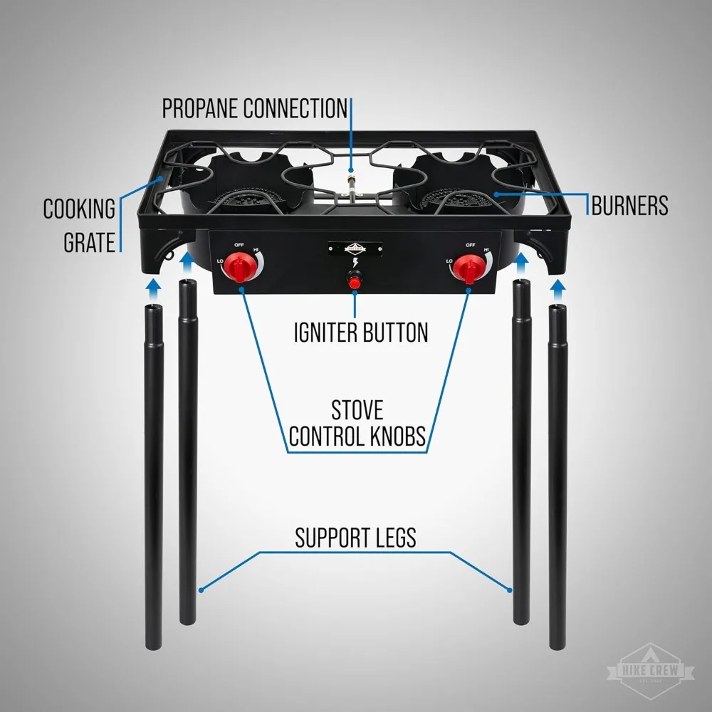 Auto Ignition Double-Burner Outdoor Gas Stove | 150,000 BTU Portable Propane-Powered Cooktop with Blue Flame Control, Removable