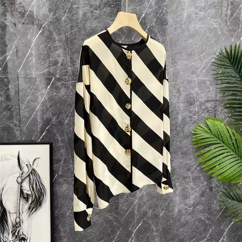 High end temperament diagonal stripes simulation silk mulberry silk long sleeved shirt jacket top  blusas