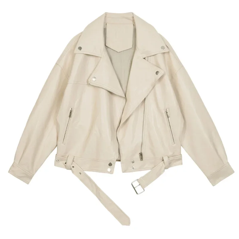 

Long Sleeve Turn Down Collar Leather Spliced Pockets Solid Autumn Moto Bike Zipper Cardigan Faux Leather Women Jackets