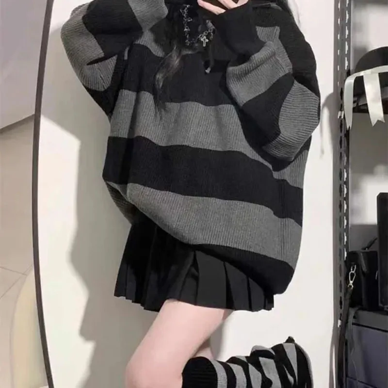 Oversize Sweater Women Japanese Vintage Casual Striped Preppy Style Loose Long Sleeve Hooded Knitted Lady Fall Winter Warm Top