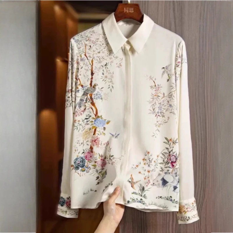 

Винтажные женские блузки с принтом, повседневные рубашки, модная свободная летняя корейская одежда, атласные женские топы с длинными рукавами