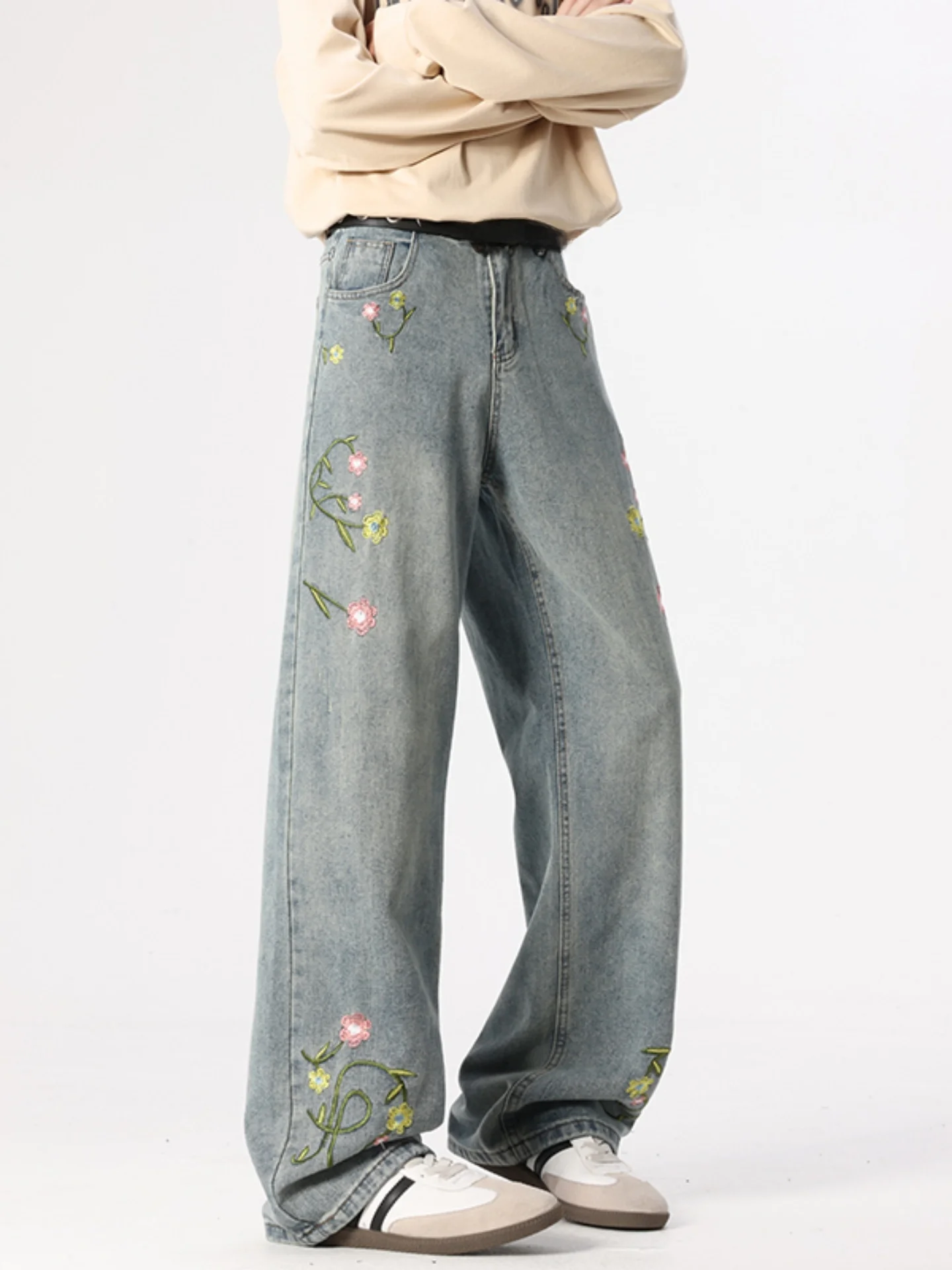 

Мужские джинсы прямого кроя с цветочной вышивкой, модные, в ретро-стиле, повседневные, износостойкие, из смеси хлопка и полиэстера