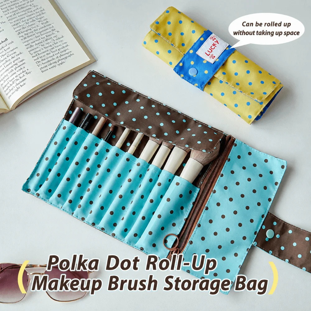 Cute Polka Dot Makeup Brush Storage Bag 10 Slots Multipurpose Makeup Tool Bag Canvas Portable Makeup Bag Makeup Brushes,Pens,Etc