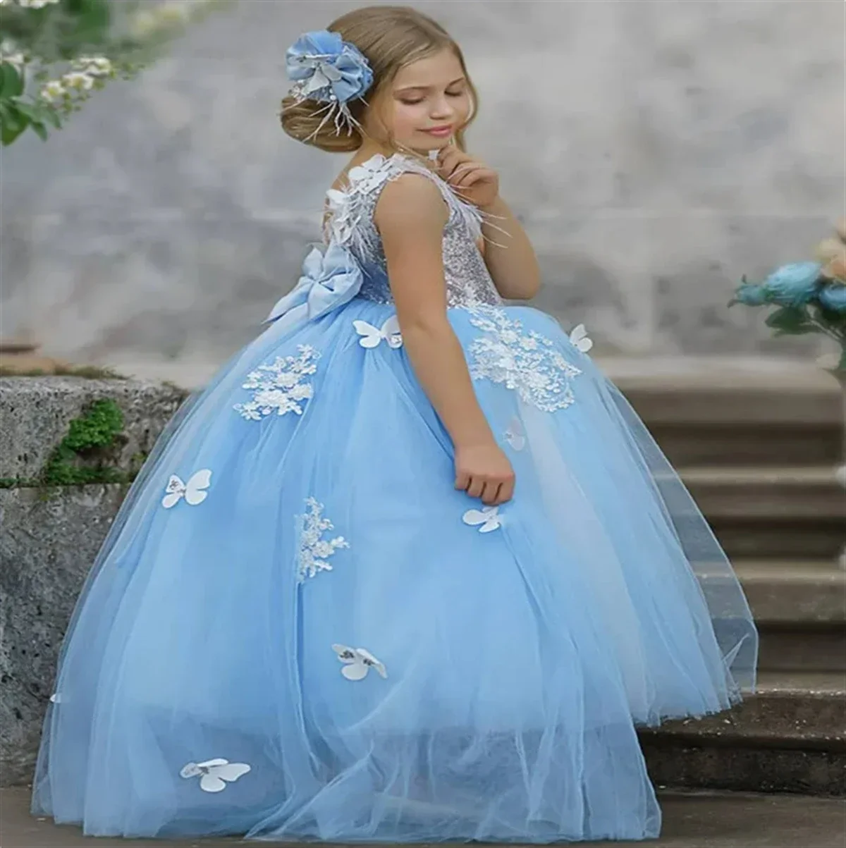 Azul tule applique lantejoulas sem mangas arco vestido da menina de flor para o casamento criança primeiro vestido eucarístico festa aniversário personalizado