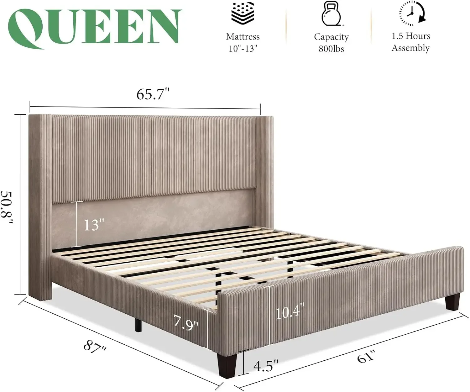 Queen Size Upholstered Bed Frame with Headboard, Wingback Platform Bed with Solid Wood Legs