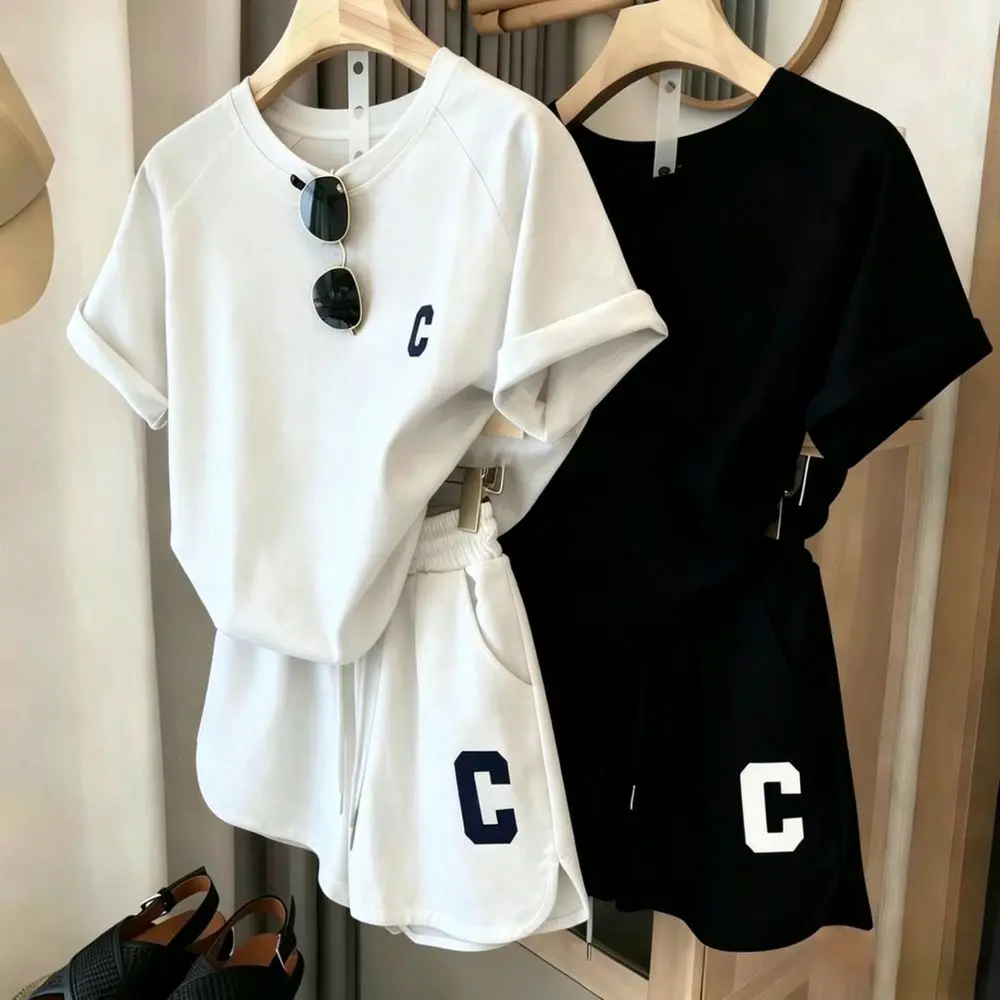 Summer Womens Casual Matching Sets Loose Sporty Outfits Short Sleeve Tops And Shorts Korean Style Tracksuit
