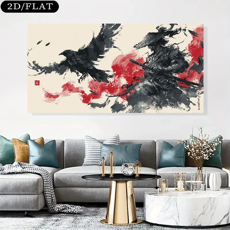 Samurai Warrior with Crows Against Posters Frameless Modern Canvas Prints Wall Art for Living Room and Bedroom Modern Home Decor