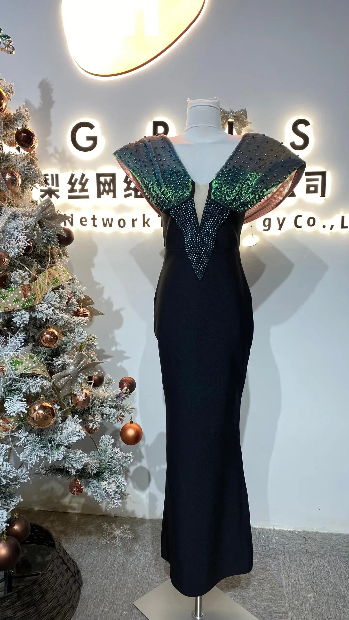 

2025 Custom Luxury Beaded Evening Dress Women Elegant Long Deep V Neck Mermaid Bandage Dress-GZKK0020