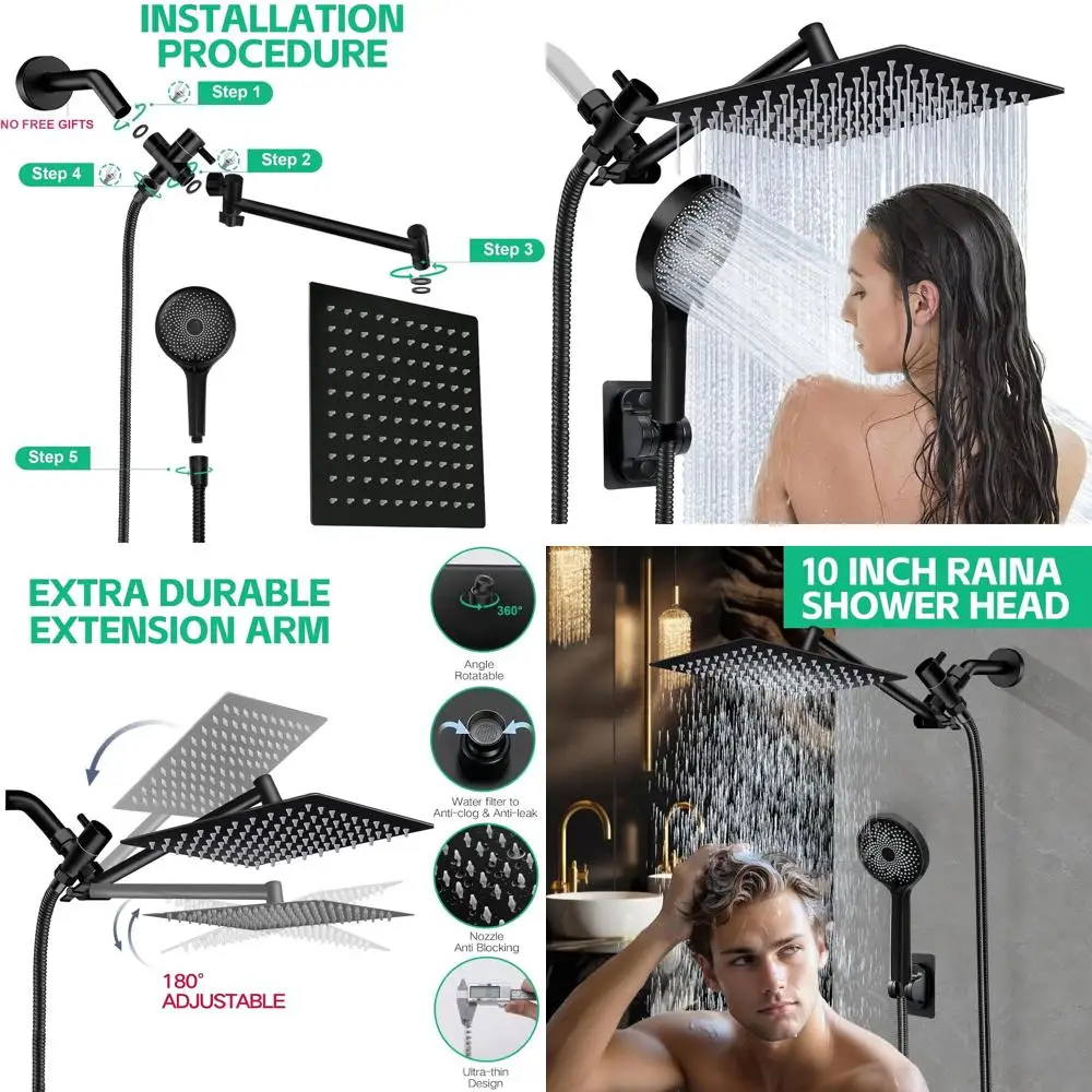 

10 Rainfall Shower Head Combo with Handheld, Extendable Arm, and 3-Way Diverter, High-Pressure Hose, Matte Black