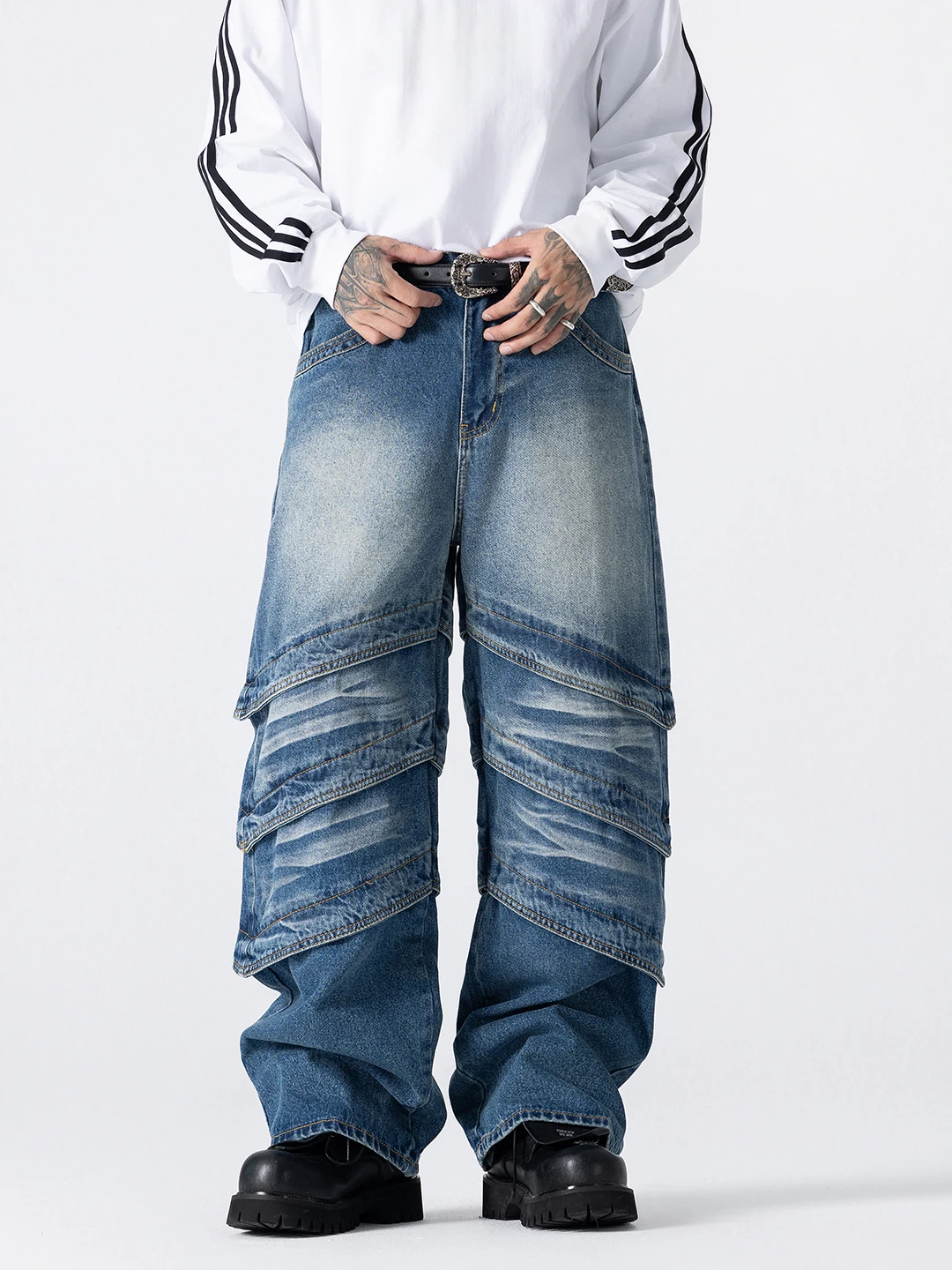 

Мужские джинсы премиум-класса в стиле ретро с пэчворком, свободного прямого кроя, для уличной моды, весенне-осенние, износостойкие джинсовые брюки для мужчин