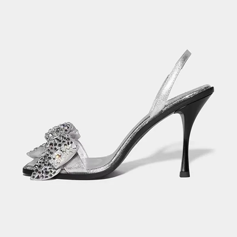 

Arden Furtado 2024 Summer Women's Silver bowknot Sexy stilettos heels Square toe Rear trip belt Party Crystal Open toe Sandals